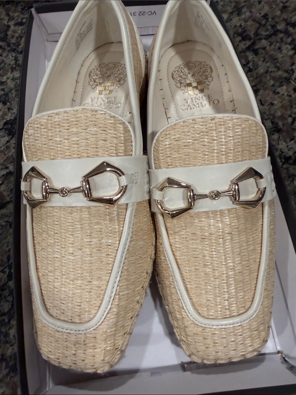 Vince Camuto Natural Woven Loafers with Cream Trim and Gold Bit